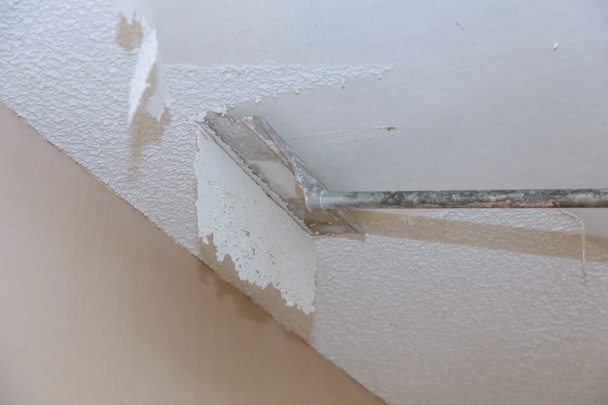 Popcorn texture being scraped off a ceiling, bare board showing where it has come away.